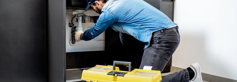 Person repariert Siphon unter Spüle